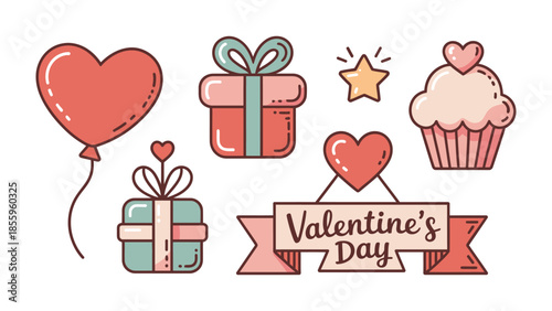 Valentine's Day Icon Set: An assortment of endearing symbols that represent love, gifting, and celebration. A heartwarming collection designed to capture the essence of romance and affection.