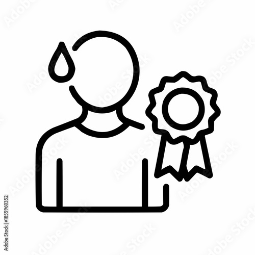 Line icon of a person with sweat and ribbon — earned achievement, black on white, square minimalist style