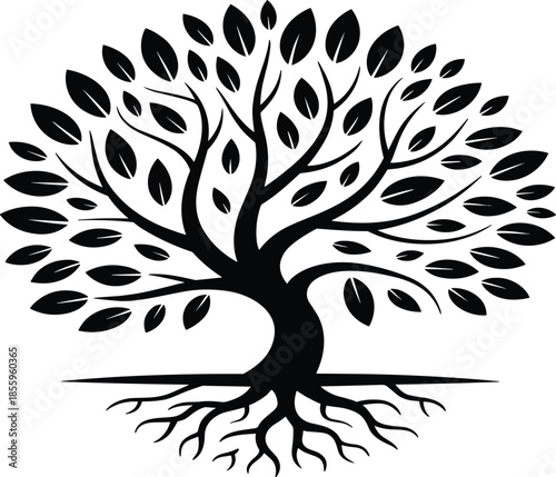 Symmetrical High-Contrast Silhouette of a Full Leafy Tree with Exposed Root System for Environmental, Heritage, and Organic Wellness Branding