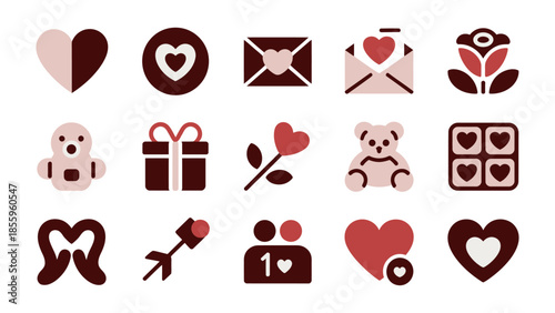 Valentines Day Icons: A collection of simple flat icons represents various elements symbolizing love, romance, and affection. including heart, love letter, flower, gift and teddy bear.