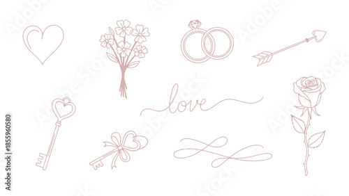 Romantic Elements Illustration: Delicate line art featuring the core elements of romance, from wedding rings to a heart-shaped key, set against an airy backdrop.
