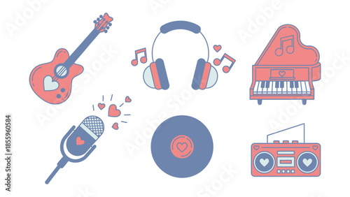Musical Love: A collection of musical instruments, and accessories, adorned with heart symbols, creating a harmonious and loving atmosphere.