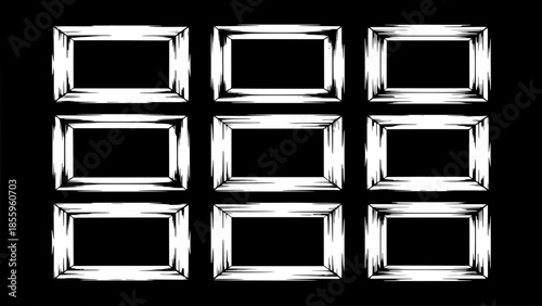 Nine distressed hollow square frames in a 3x3 grid on a black banner