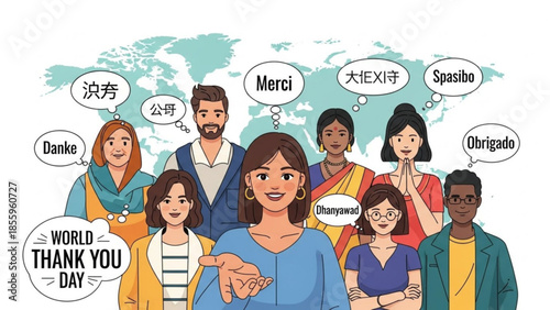 Multilingual Appreciation: A vibrant ensemble of individuals from across the globe, united by a shared spirit of gratitude, expresses thanks in a multitude of tongues.