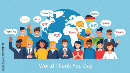 Global Gratitude: A diverse group of people from around the world gather to express thanks, each speaking in their native language with a backdrop of a world map.