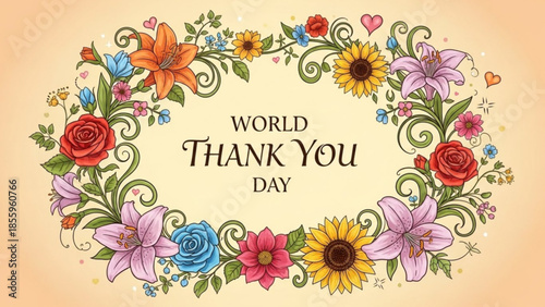 Floral Frame of Gratitude: A vibrant floral frame encircles the message World Thank You Day, celebrating appreciation with a kaleidoscope of colorful blooms and heartfelt sentiment.
