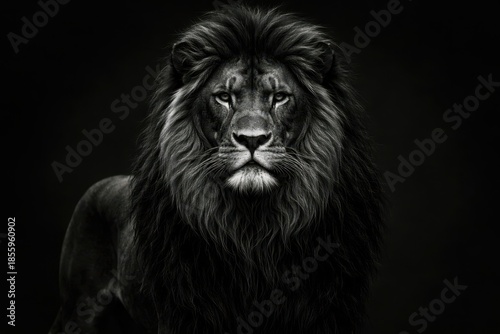 A black and white photo of a lion with a large mane