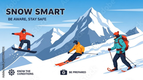Snow Smart: Adventurers navigating snowy mountains with a focus on safety and awareness, highlighting key preparation steps for a secure winter experience.