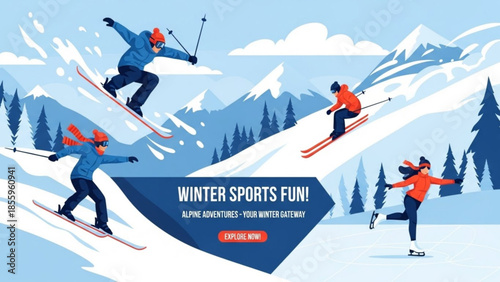 Winter Sports Fun: Dynamic illustration of winter sports enthusiasts engaging in various activities against a snowy mountain backdrop, showcasing the excitement and thrill of winter adventures.