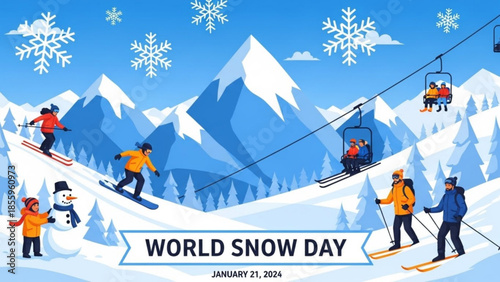Winter Wonderland Fun: A vibrant scene captures the excitement of World Snow Day. Skiiers and snowboarders gracefully navigate the snowy slopes.