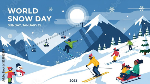 World Snow Day Celebration: A winter wonderland scene is painted with a vibrant tableau of snowy mountains, cheerful skiers, snowboarders, and a playful snowman.