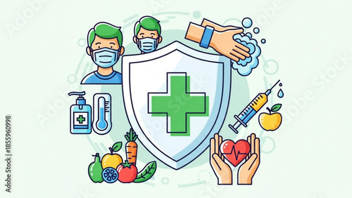 Healthcare Elements: A vibrant illustration showcasing essential elements of healthcare, promoting well-being and preventive measures for a healthy life. 