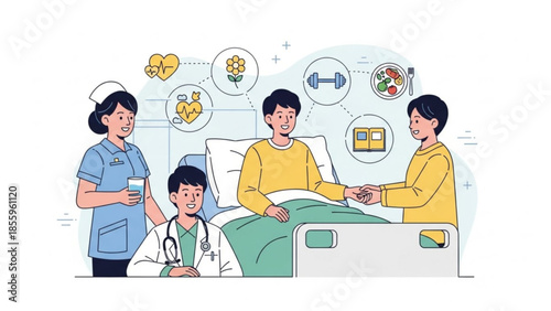 Medical Care and Recovery: An illustration depicts a patient in a hospital bed with a doctor, nurse, and visitor, symbolizing the support and care involved in the healing process.