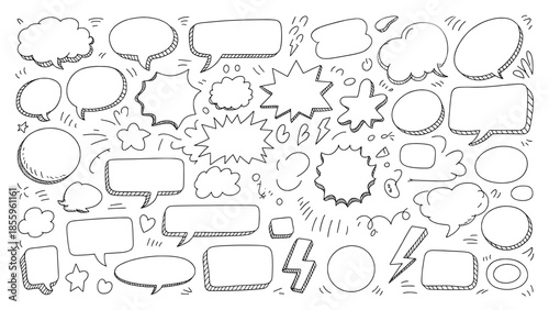 Hand-drawn speech bubbles, clouds, bursts and doodle icons – vector outline set