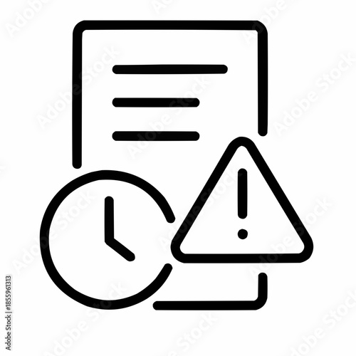 Line icon of a document with clock and alert — timed response plan, black on white, square minimalist style