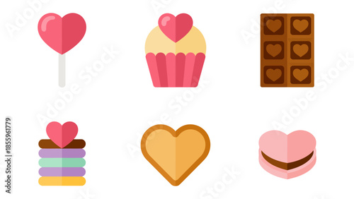 Sweet Valentine's Treats: A collection of delightful Valentine's Day treats, radiating love and sweetness through a lollipop, cupcake, chocolate bar, stacked cake, cookie, and macaron.