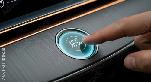 Close-up of a finger pressing a glowing blue start button with the year 2026 on a dark textured surface, representing future, new beginning, initiation