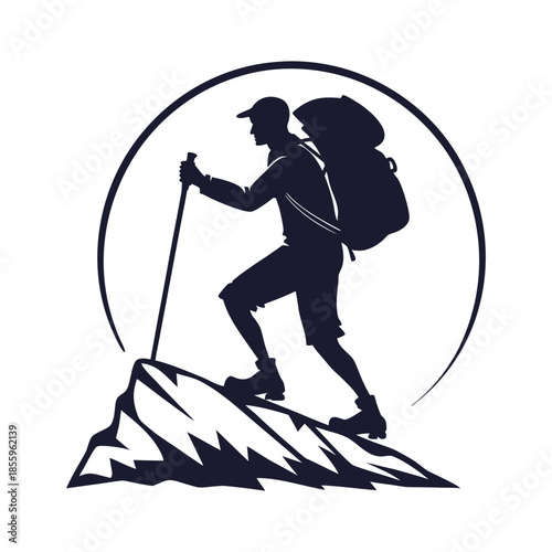 Hiker ascending mountain peak Vector