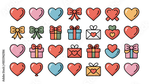 Collection of Love Icons: A vibrant and delightful collection of love-themed icons, featuring hearts, bows, gift boxes, and envelopes, perfect for expressing affection and joy.