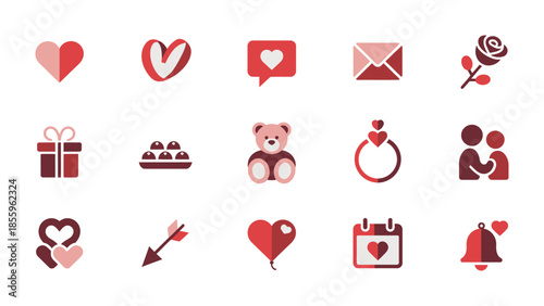 Valentine's Day Icons: A collection of charming icons, each conveying sentiments of love, including hearts, a rose, a gift, and a wedding ring, perfect for projects.