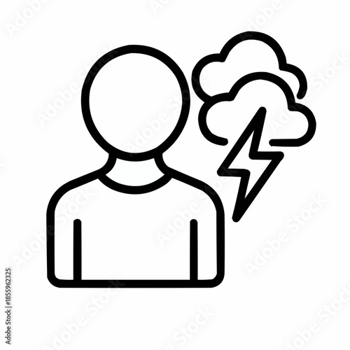 Line icon of a person with layered clouds and lightning — emotional strain, black on white, square minimalist style