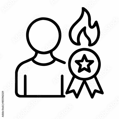 Line icon of a person with ribbon and flame — recognition through effort, black on white, square minimalist style