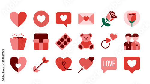 Love Emblems of Romance: A collection of vibrant icons, representing love, passion, and affection. From hearts to roses, messages to rings, and the joy of togetherness.