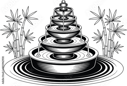 Detailed Woodcut Illustration of a Five-Tiered Ornate Fountain Symmetrically Framed by Bamboo Stalks with Rippling Water for Zen Garden and Wellness Branding.