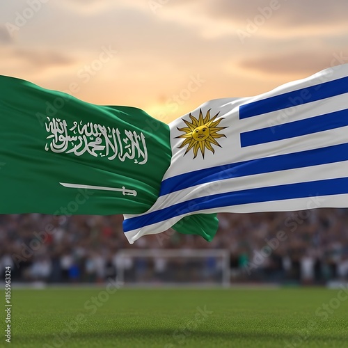 Saudi Arabia and Uruguay flags waving on stadium background at sunset soccer match