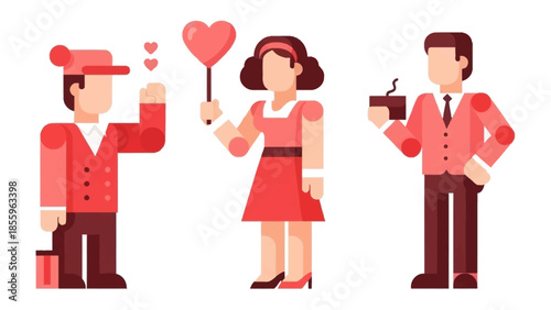 Romantic Gesture: Capturing the essence of romance, three figures share expressions of affection, holding a heart-shaped object and drinks in shades of warm reds, symbolizing the tenderness of love.