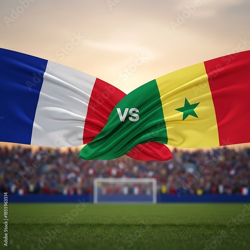 France and Senegal flags waving on stadium background at sunset soccer match