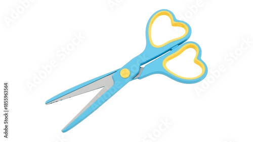 Heart-Shaped Scissors: a cute, blue pair of scissors, where the handle is heart-shaped, sits and waits for someone to use them. 
