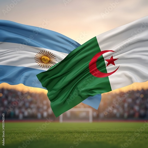 Argentina versus algeria flags clash over soccer stadium pitch with fans cheering at sunset digital
