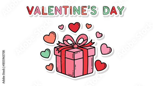 Valentine's Day Gift and Hearts: A charming illustration featuring a wrapped present adorned with a ribbon bow, surrounded by hearts. This image captures the essence of love and giving. 