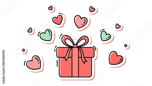 Love's Gift: A charming illustration depicts a vibrant red gift box, adorned with a delicate ribbon, surrounded by floating hearts, evoking feelings of love and affection.