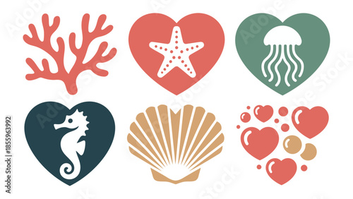 Seashells and Hearts: A collection of lovely heart-shaped images is decorated with marine life details, showing romance of the sea and marine creatures.