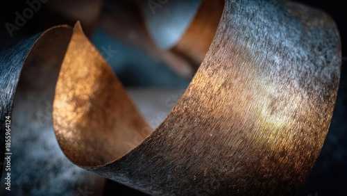 Close-up of curled copper metal ribbons with a brushed texture and warm golden highlights. Concept Copper close-up, Curled metal ribbons, Brushed texture, Warm golden highlights, Metallic abstraction