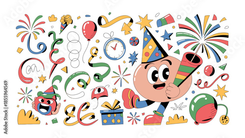 Party Time Illustration: A joyful illustration that celebrates the fun and excitement of a party, featuring playful and colorful design elements.