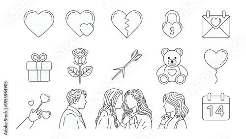 Love's Emblem Collection: A delicate, hand-drawn arrangement of love-themed icons, celebrating hearts, flowers, and intimate moments, perfect for Valentine's Day.