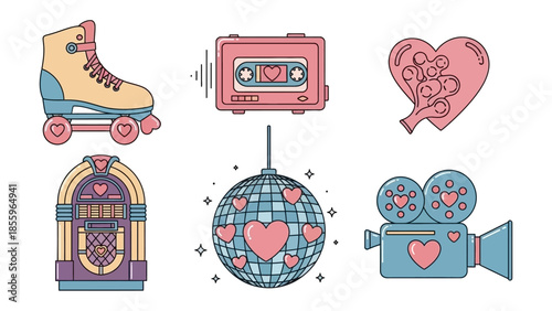Vintage Valentine's:  Collection of Valentine's themed retro illustrations with elements of roller skate, music cassette, hands holding heart, jukebox, disco ball, and movie camera. 