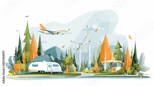 Eco-friendly landscape with caravan, wind turbines, and flying airplane