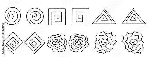 手書きのシンプルな幾何学グルグル図形アイコン　円形・四角形・三角形・菱形・モコモコ・トゲトゲ 黒線　Hand-drawn simple geometric circular shape icons: circle, square, triangle, diamond, fluffy, spiky, black lines