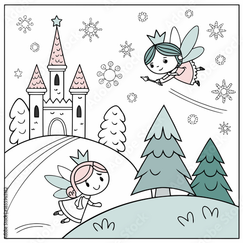 Christmas coloring page featuring a fairies' party and events of fairyland