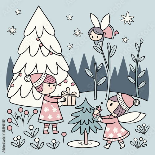 Christmas coloring page featuring a fairies' party and events of fairyland