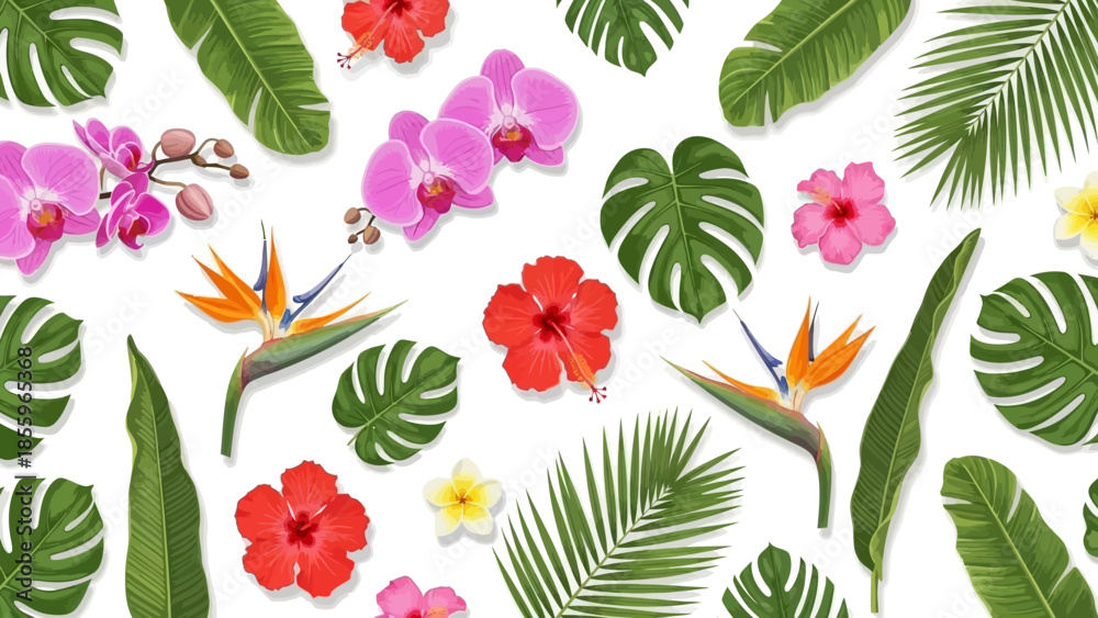Obraz premium A vibrant seamless pattern showcasing an exotic array of tropical flowers including hibiscus, orchids, and bird of paradise with lush palm leaves on a white background.