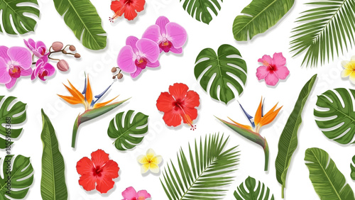 A vibrant seamless pattern showcasing an exotic array of tropical flowers including hibiscus, orchids, and bird of paradise with lush palm leaves on a white background.