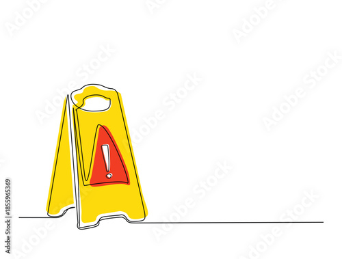 Continuous one line drawing of Wet floor caution sign. Public warning slippery sign in vector illustration. Editable vector.