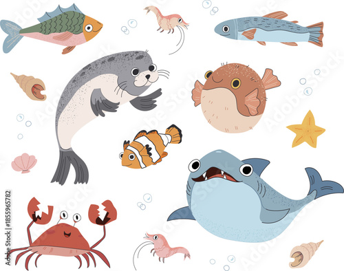 Set of cute pastel marine animals. Sea creatures. Fishes, crab, shark, seal, shrimps, sea star. Flat cartoon underwater sea life