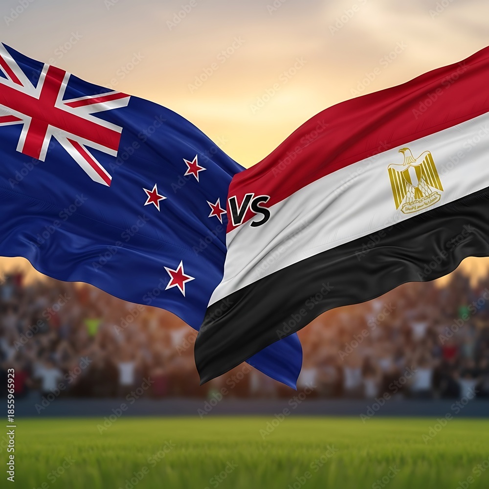 Fototapeta premium New zealand versus egypt soccer match flags waving on a football field with fans