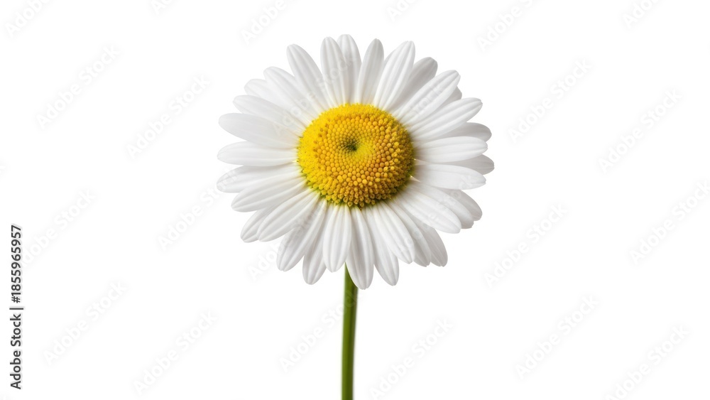 Fototapeta premium Single daisy with white petals and yellow center on a white background
